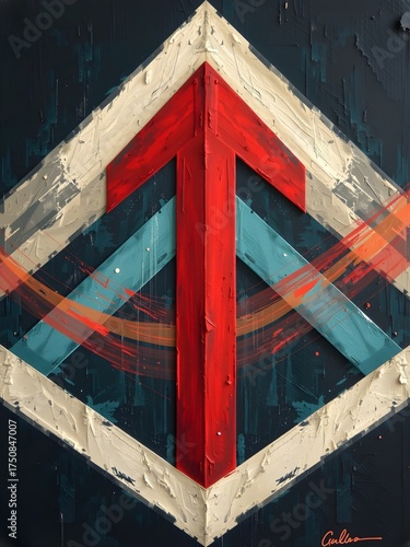 An artistic depiction of an arrow with bold red and blue stripes.