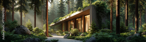 Serene and tranquil minimal architecture for wellness. modern building in dense forest with beautiful light filtering through nature, creating peaceful retreat