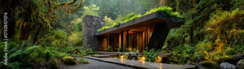 Tranquil modern house architecture blending into forest nature. Serene building exterior promoting wellness and deep sense of peace, harmony in lush green environment