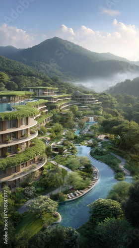 Serene aerial view of luxury wellness resort integrated with nature. Sustainable architecture nestles in green forest by mountain and river, creating tranquil escape