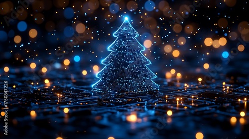 Glowing circuit board christmas tree with bokeh lights on a dark blue surface background holiday theme