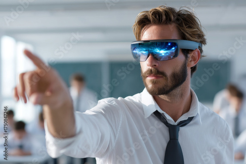 Focused male teacher with beard guiding students in classroom using futuristic augmented reality glasses for an innovative virtual lesson. Engaged man pointing at simulation
