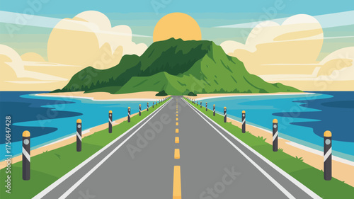 A straight road leading to a green mountain with a yellow sun and blue sea under a cloudy sky view