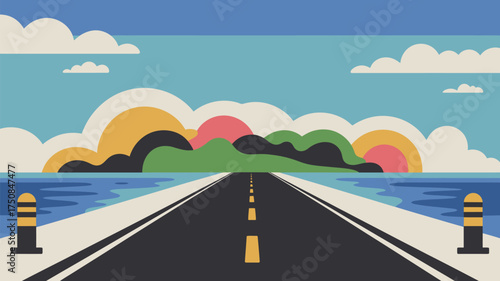 A road stretches towards an island with a colorful sky and ocean on either side in a graphic style