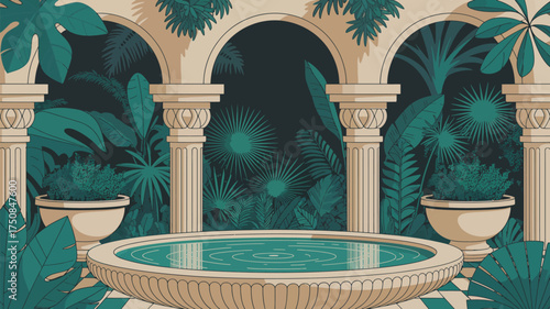 Illustration of a serene courtyard with a fountain surrounded by lush tropical foliage and arches