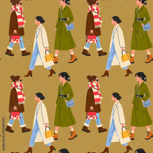 Seamless Pattern of Fashionable Women in Winter Street Style