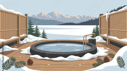 A winter scene with a hot tub on a wooden deck overlooking a snowy landscape and distant mountains