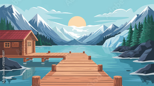 A scenic view of a lake with a wooden dock leading to a cabin and snow capped mountains in the background