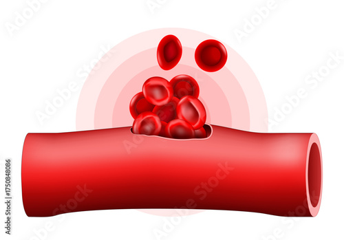 Hematoma. Blood vessel after trauma. Close-up of Red blood cell