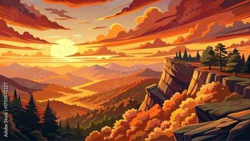
Very beautiful golden sunset over Franklin Cliffs in Shenandoah National Park, Virginia, highlighting mountain ridges, glowing clouds, and warm autumn forest colors.
