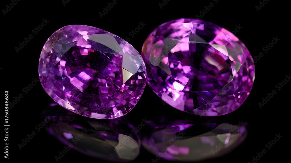 Fototapeta premium Two faceted oval purple gemstones sparkle on black.