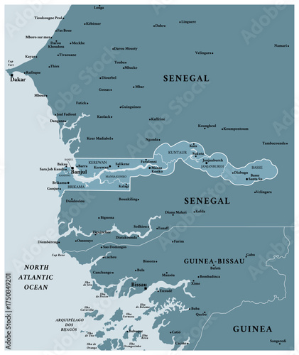 Gambia - detailed political map of the country with regions and major cities.