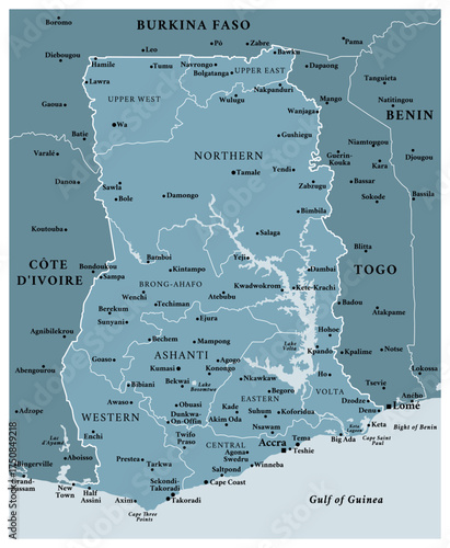 Ghana - detailed political map of the country with regions and major cities.