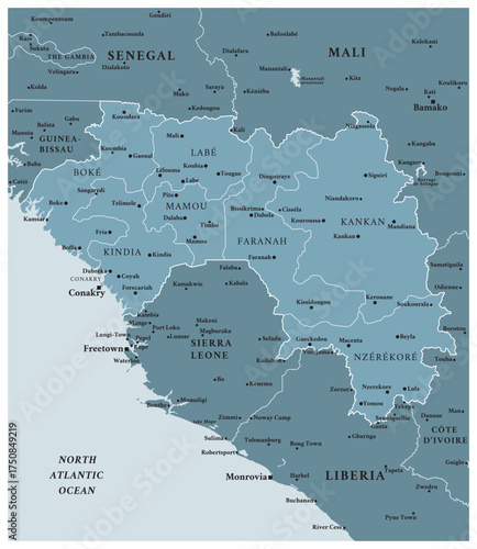 Guinea - detailed political map of the country with regions and major cities.