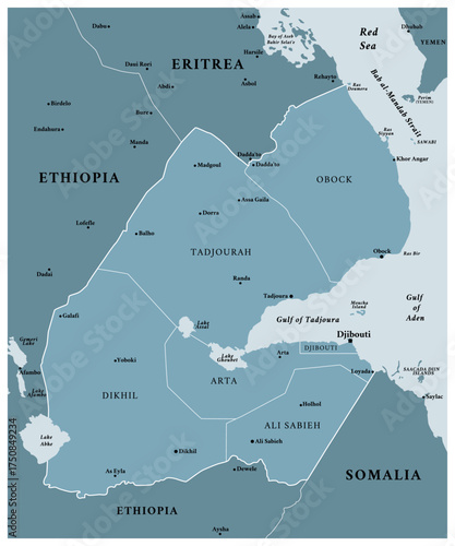 Djibouti - detailed political map of the country with regions and major cities.
