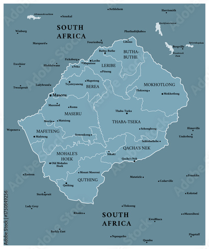 Lesotho - detailed political map of the country with regions and major cities.