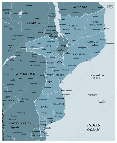 Mozambique - detailed political map of the country with regions and major cities.