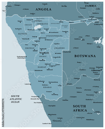 Namibia - detailed political map of the country with regions and major cities.