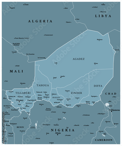 Niger - detailed political map of the country with regions and major cities.