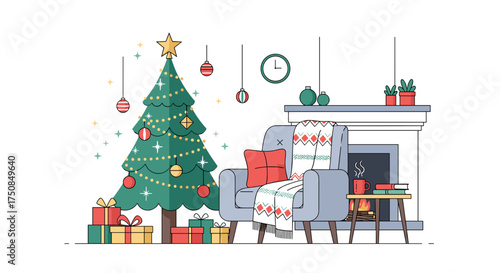 Cozy living room decorated for Christmas with a tree, gifts, and warm fireplace for festive spirit