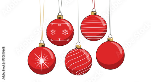 Set of vibrant red Christmas ornaments with various designs for festive holiday decoration