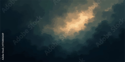 Abstract textured background with dramatic golden light breaking through dark moody clouds and atmospheric fog