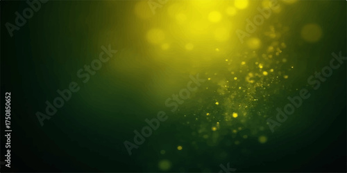 Abstract glowing golden light particles shimmering and sparkling on a dark green bokeh background