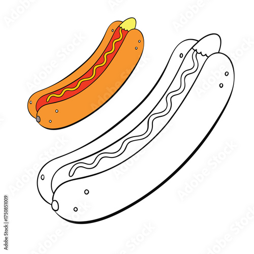 A plump hot dog rests in a soft bun, topped with swirls of ketchup and mustard. Simple outlines make it easy and fun for kids to color with bright, tasty shades.
