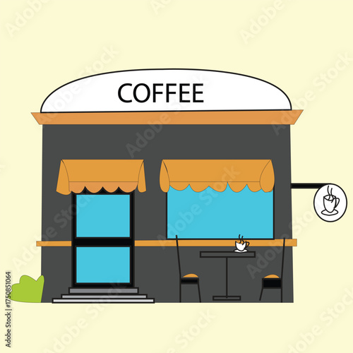 Colorful Café Exterior Vector | Cute Coffee Shop with Street Table Scene