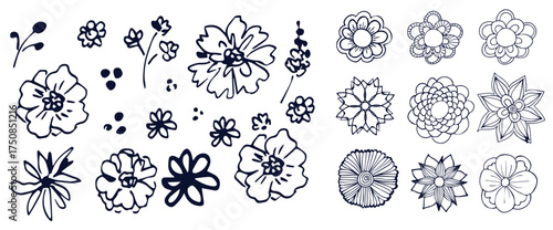 Grunge brush flowers. Scribble ink grunge chamomile flowers icons drawn with markers and crayons