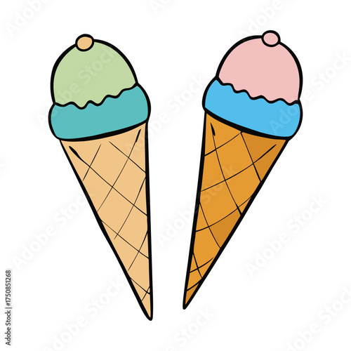 Two colorful ice cream cones stand side by side, each piled high with swirled scoops in bright shades. The waffle cones add a crunchy charm to this fun, sweet summer treat.
