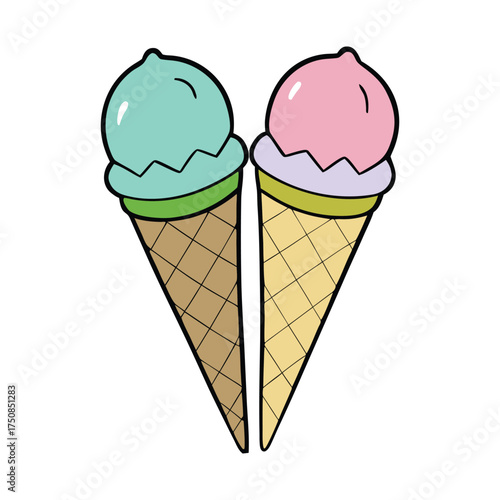 Two colorful ice cream cones stand side by side, each piled high with swirled scoops in bright shades. The waffle cones add a crunchy charm to this fun, sweet summer treat.
