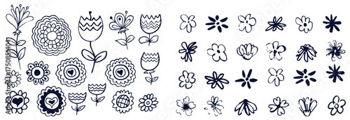 Grunge brush flowers. Scribble ink grunge chamomile flowers icons drawn with markers and crayons