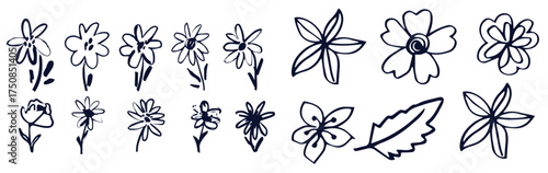 Grunge brush flowers. Scribble ink grunge chamomile flowers icons drawn with markers and crayons