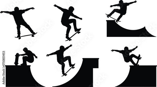 Skateboarder Silhouettes Performing Tricks on Ramp and Street, Skateboarding Action, Extreme Sport, Urban Culture Vector Set.