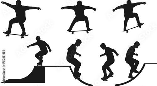 Skateboarder Silhouettes Performing Tricks on Ramp and Street, Skateboarding Action, Extreme Sport, Urban Culture Vector Set.