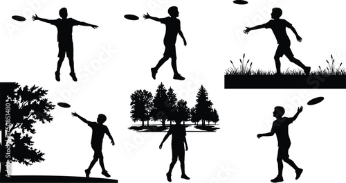 Child Playing with Frisbee Silhouette, Boy Throwing or Catching a Flying Disc, Outdoor Fun, Summer Activity Vector Illustration.