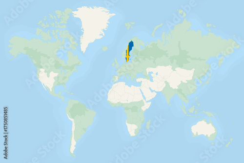 Sweden Highlighted on World Map with National Flag. Sweden Map and Flag.