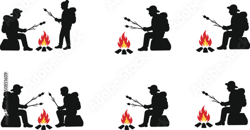 Campfire Silhouettes, People Roasting Marshmallows Over Burning Bonfire, Camping Adventures, Outdoor Recreation, Black Silhouette Vector, Hiking, Summer Evening.