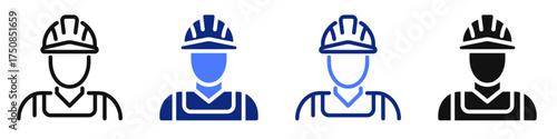 Vector icon or logo of building worker in protective hat related to construction industry and real estate. Symbol for website or app UI, logo design, illustration