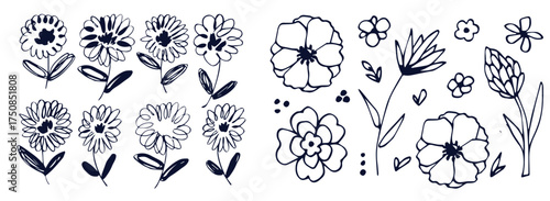 Grunge brush flowers. Scribble ink grunge chamomile flowers icons drawn with markers and crayons