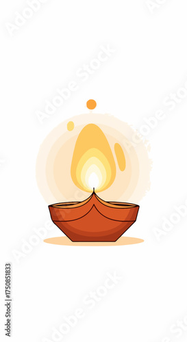A single traditional Indian Diya oil lamp, made of brown clay, with a bright glowing flame.