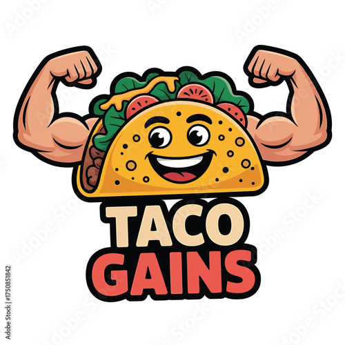Cartoon taco with muscles and taco gains text below