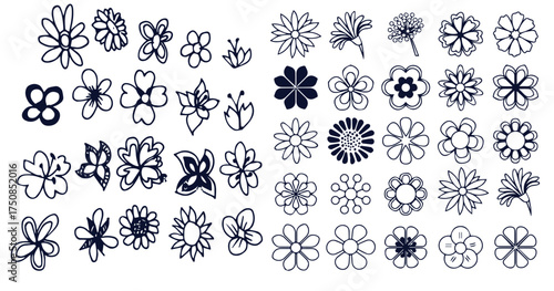 Grunge brush flowers. Scribble ink grunge chamomile flowers icons drawn with markers and crayons