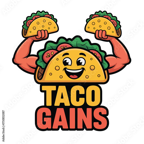 Cartoon tacos with muscular arms and taco gains text