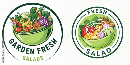 Circular Fresh Salad Badges, Green Bowl, Colorful Vegetable Illustration