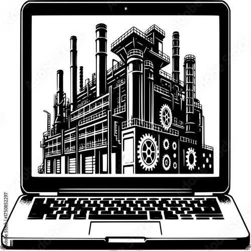 Factory on Display: A detailed monochrome illustration of a factory scene is displayed on a laptop screen, symbolizing the intersection of industry and technology