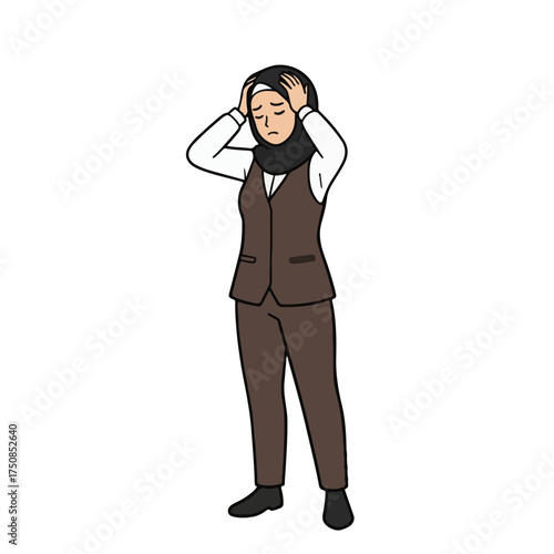 Stressed businesswoman in hijab holding head, feeling overwhelmed by business pressures