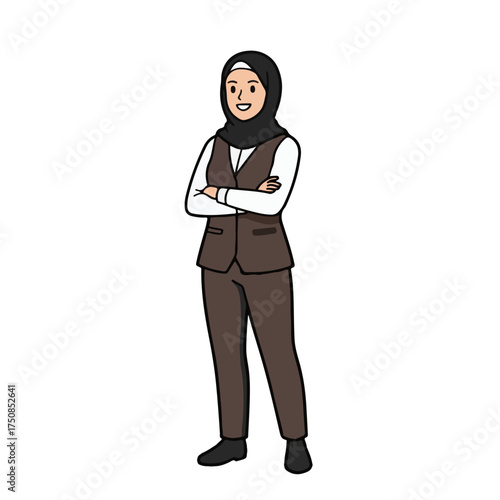 Confident Muslim businesswoman standing with arms crossed ready for success now