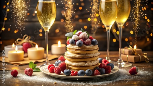 Festive pancake stack with berries and champagne for a celebratory occasion